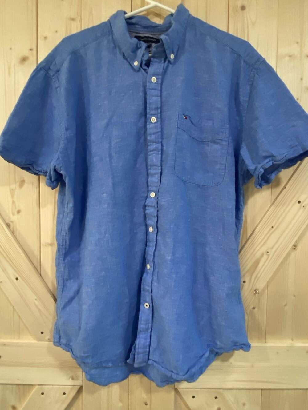 Tommy Hilfiger Men's Custom Fit Short Sleeve Blue Linen Button Down Shirt XXL